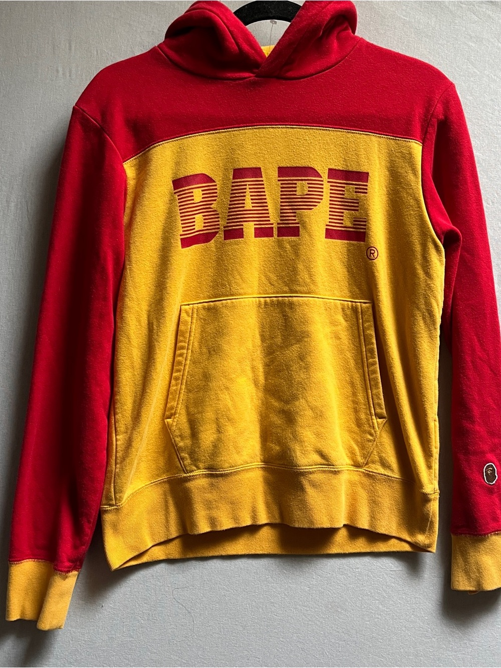Vtg A Bathing Ape BAPE Red Yellow Cotton Color Block Logo Pullover Hoodie Size S